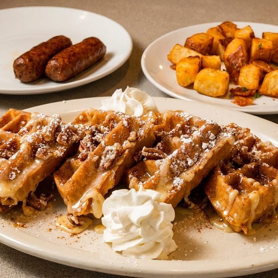 Waffles with whipped cream, sausage links, and roasted potatoes on a diner table.
