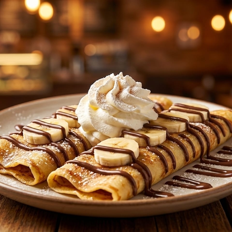 Two crepes drizzled with chocolate, topped with banana slices and whipped cream on a wooden table.