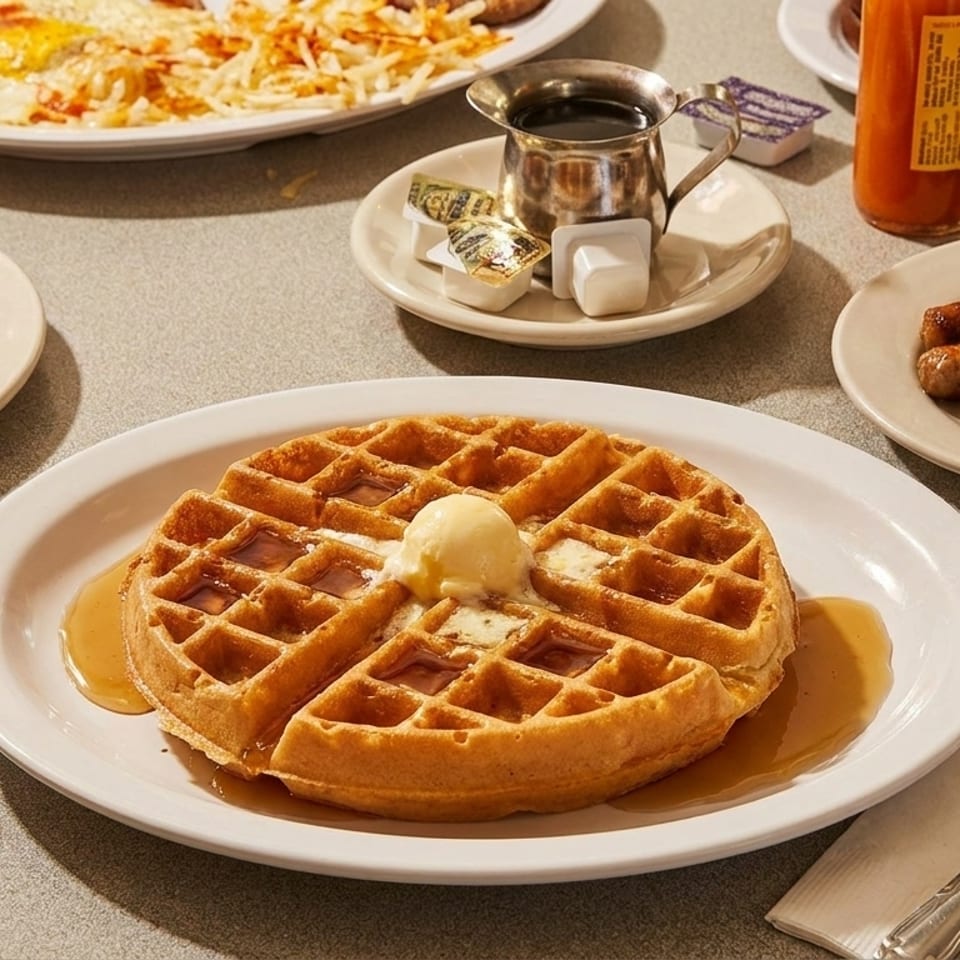 A diner breakfast spread with a waffle, bacon, sausages, eggs, hash browns, and syrup.