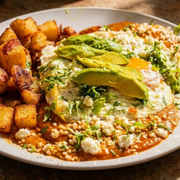 Huevos rancheros with fried eggs, avocado, cheese, cilantro, salsa, and roasted potatoes.