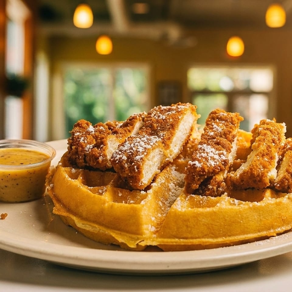 Golden chicken and waffles dusted with powdered sugar, served with a side of sauce in a restaurant.