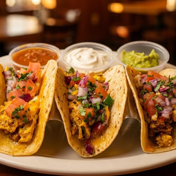 Three breakfast tacos with scrambled eggs, pico de gallo, and sides of salsa, sour cream, and guacamole.