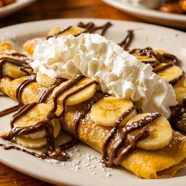 Banana and chocolate crepes topped with whipped cream and powdered sugar on a white plate.