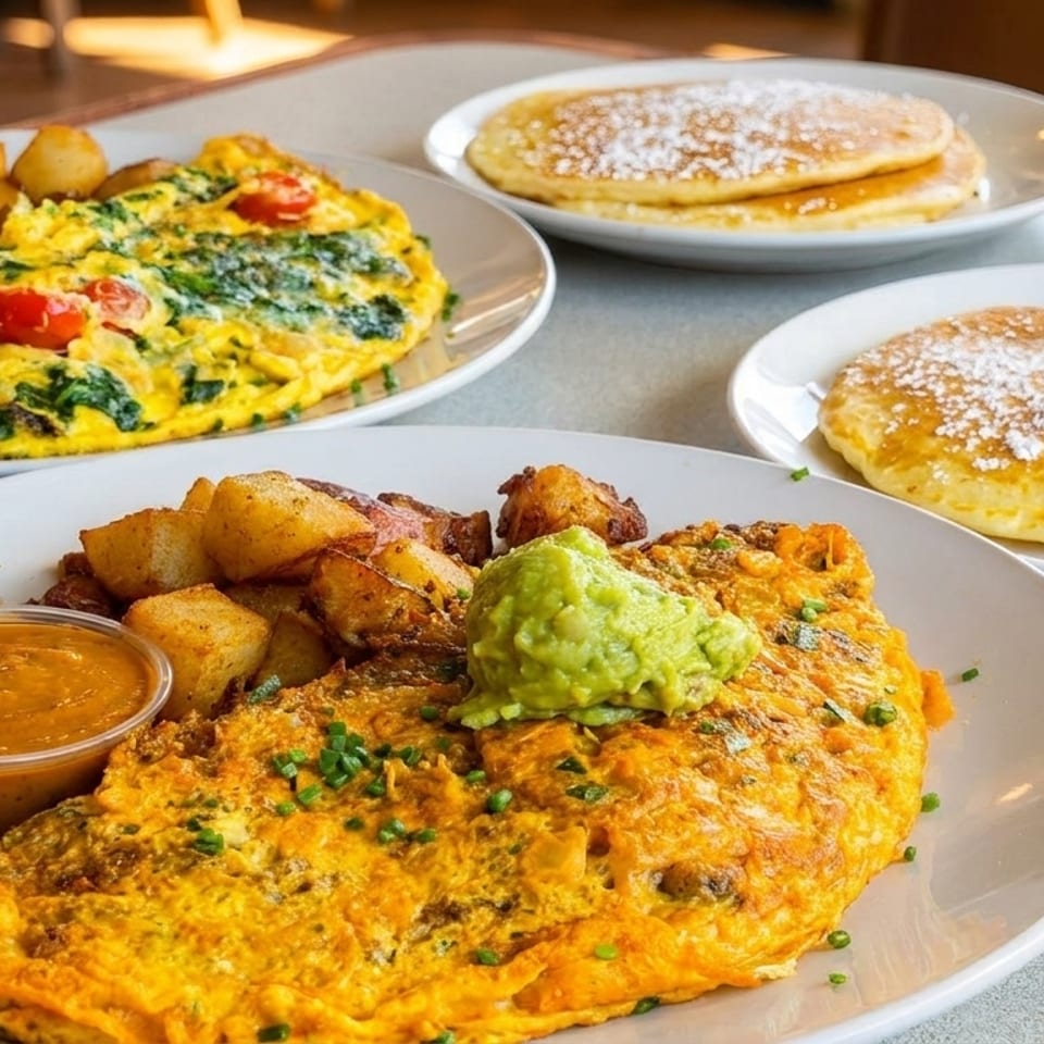 Two omelets with potatoes and two plates of pancakes with powdered sugar on a table.